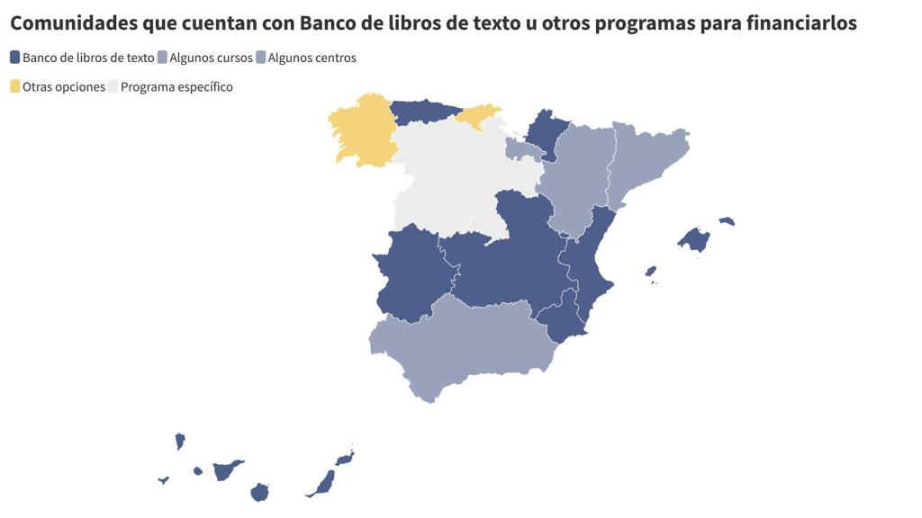 Mapa que explica en qué autonomías las familias han de pagar por los libros de texto y en cuáles no.