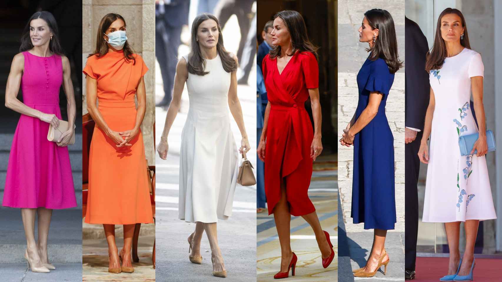 Ejemplos de vestido con largo  midi, tipo cóctel, que la reina ha convertido en su 'uniforme de trabajo'.