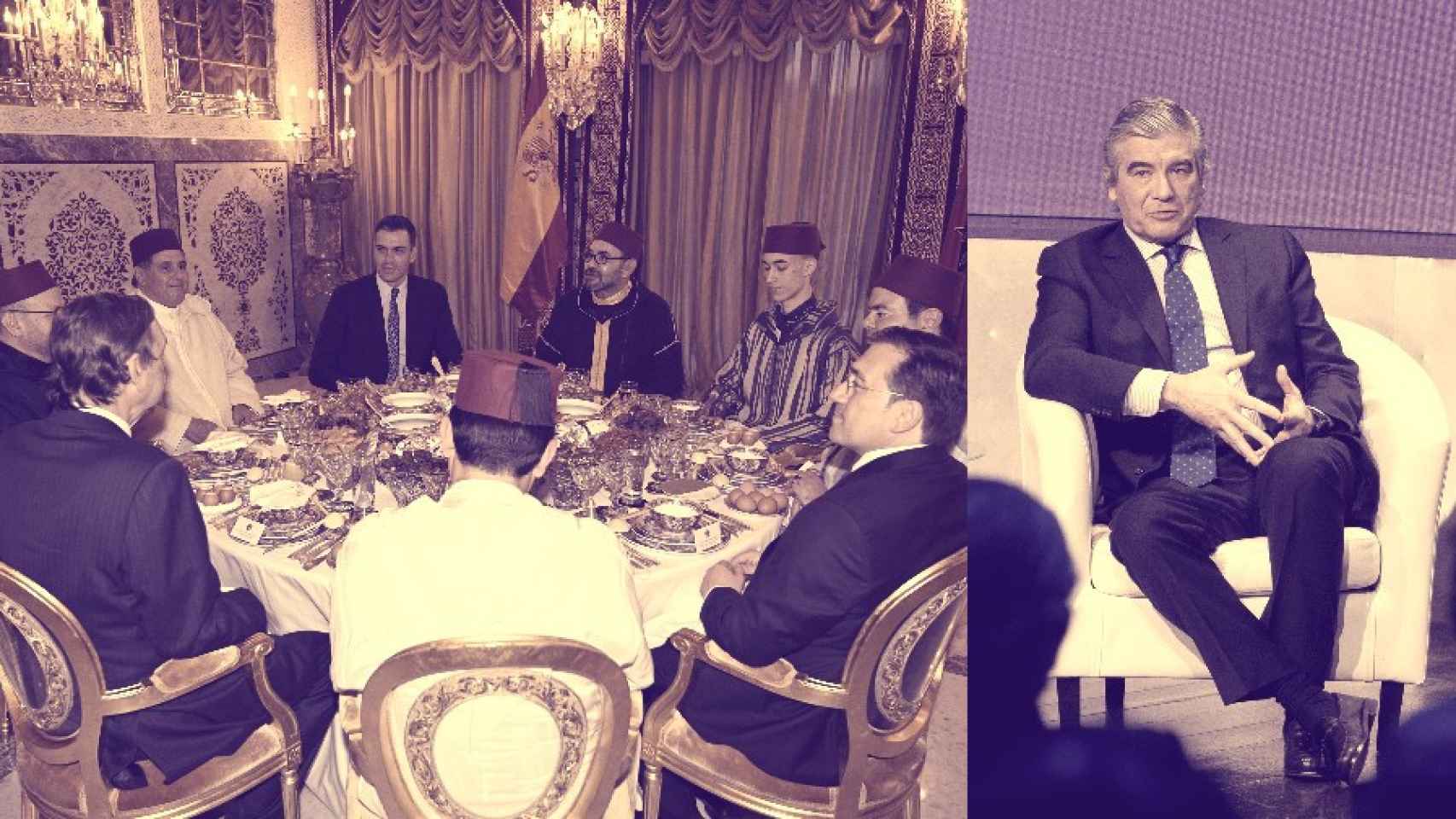 El presidente del Gobierno, Pedro Sánchez, y el rey Mohamed VI en una cena en Rabat en abril. / El presidente de Naturgy, Francisco Reynés.