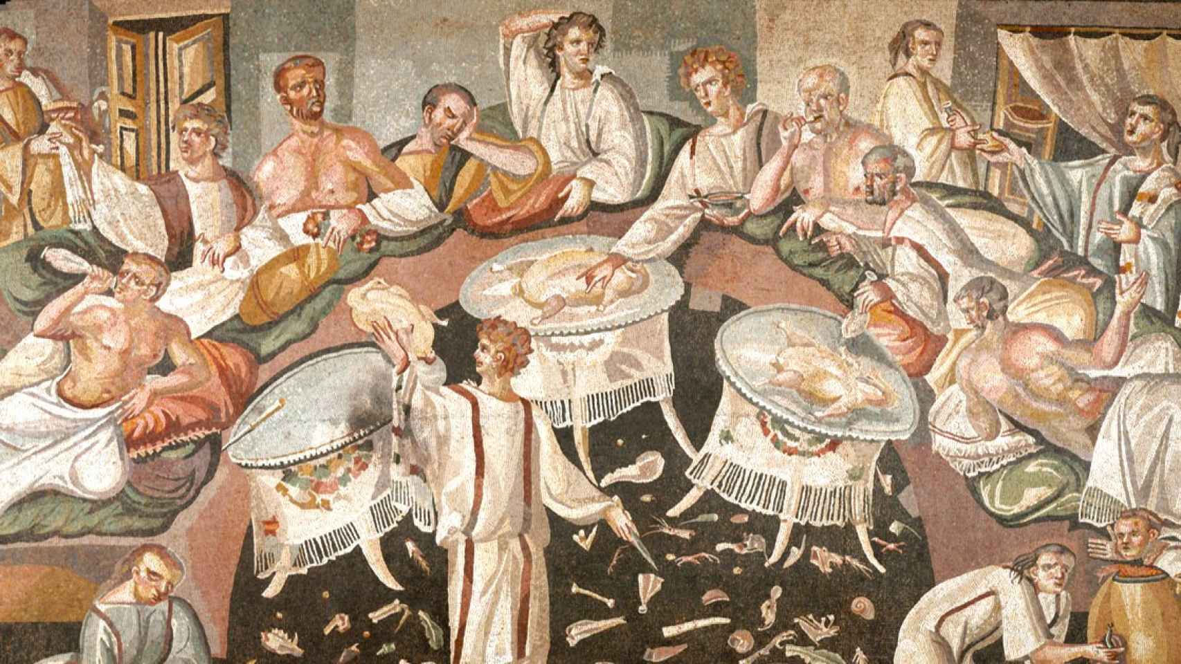 La gastronomía del imperio romano, presente en este mosaico, revive con las técnicas redescubiertas que aplicaban.