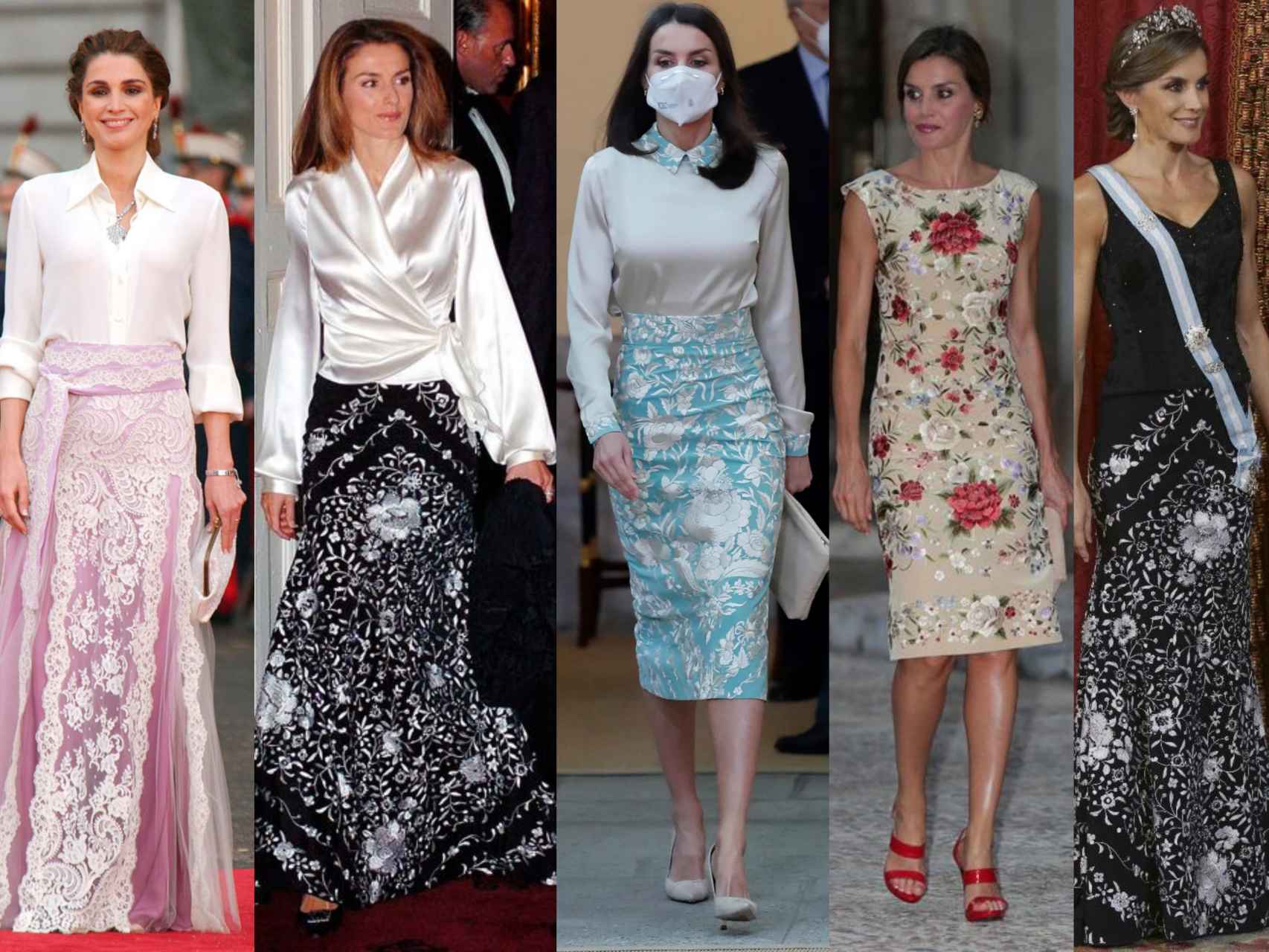 La reina Rania de Jordania, en la boda de los entonces príncipes, y la reina Letizia, en algunas de las numerosas ocasiones en que promociona nuestra cultura a través de la moda.