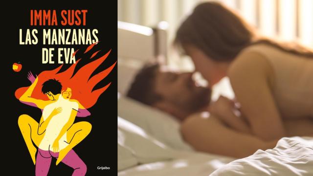 Portada de 'Las manzanas de Eva' y una pareja en la cama en actitud cariñosa.