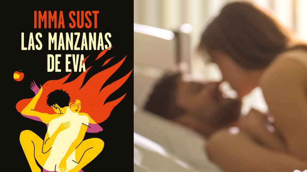 Portada de 'Las manzanas de Eva' y una pareja en la cama en actitud cariñosa.