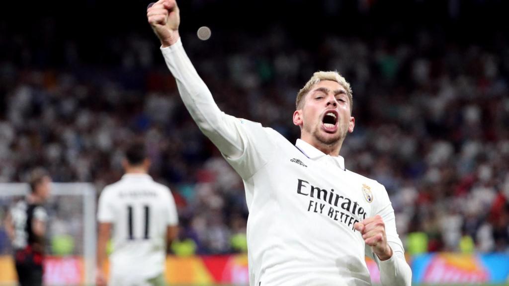 Fede Valverde celebra su gol al RB Leipzig en la Champions