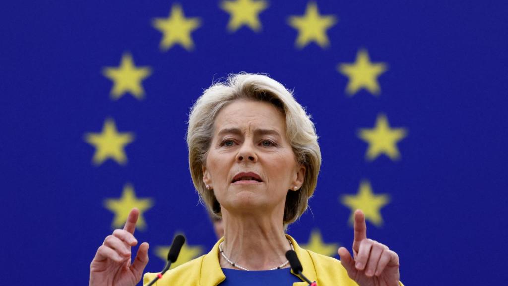 La presidenta de la Comisión, Ursula von der Leyen, durante su discurso este miércoles en la Eurocámara