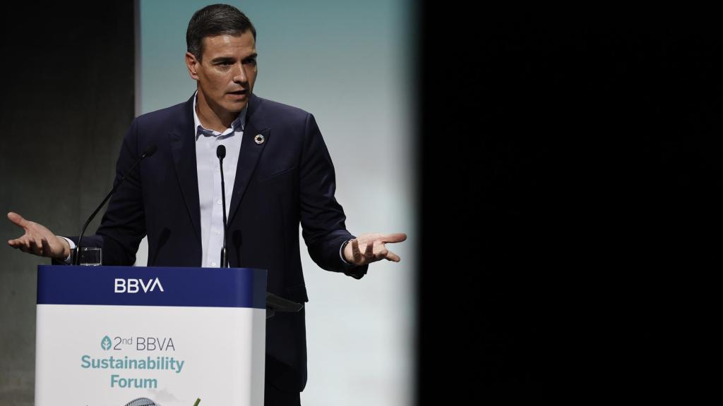 El presidente del Gobierno, Pedro Sánchez, interviene en la inauguración de la segunda edición del Foro de Sostenibilidad de BBVA.