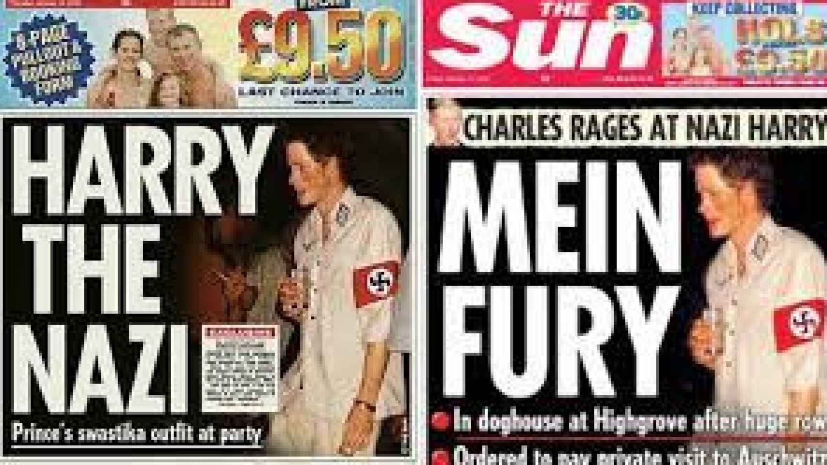 Portadas del periódico británico 'The Sun' con la foto del príncipe Harry disfrazado de militar nazi en una fiesta, en 2005.
