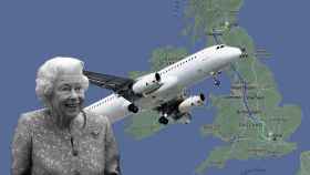 Fotomontaje con la Reina Isabel II y el vuelo de su féretro hacia Londres.