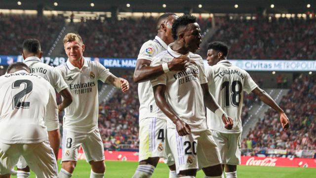 Vinicius celebra un gol del Real Madrid en el Wanda Metropolitano