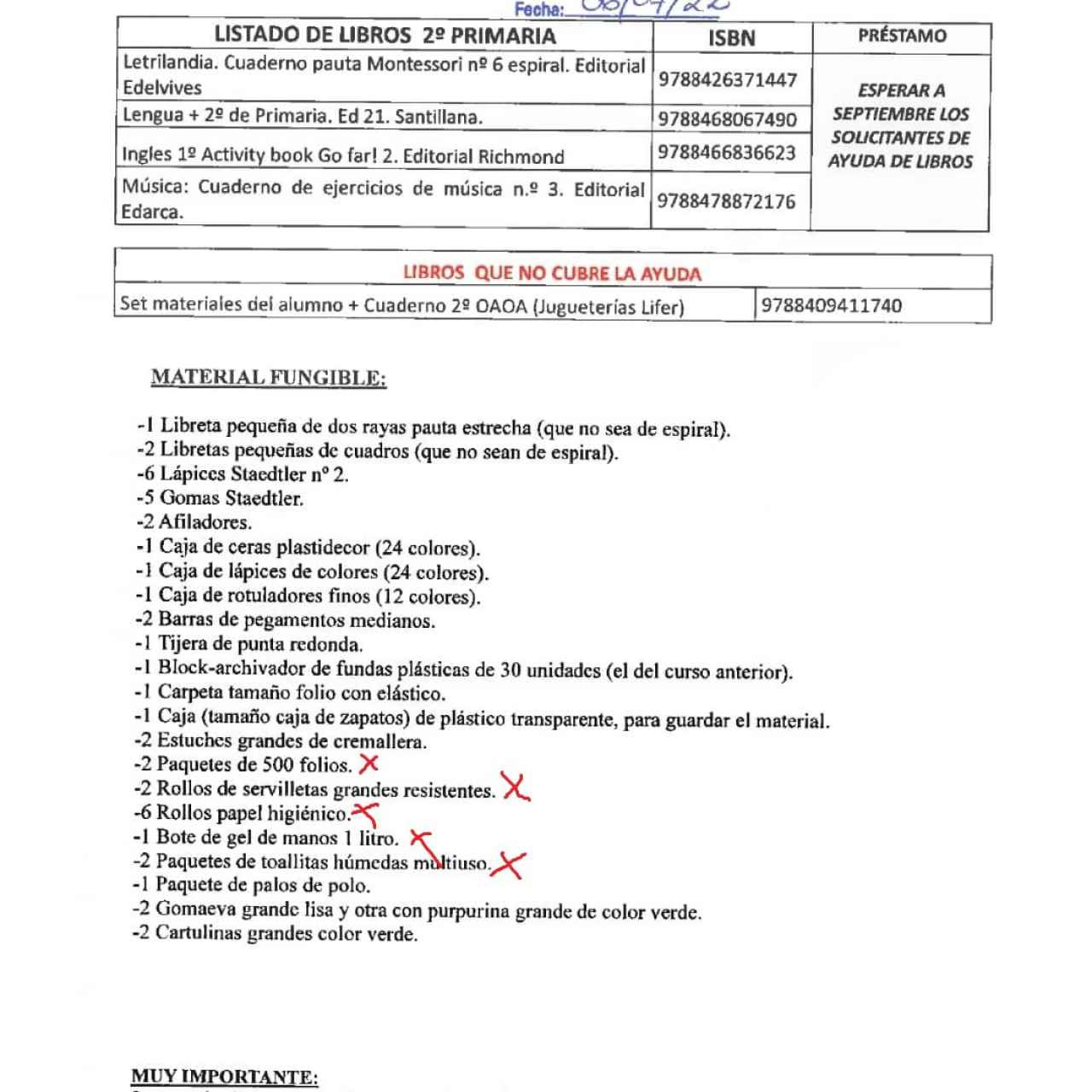 Lista escolar de un colegio de Canarias.