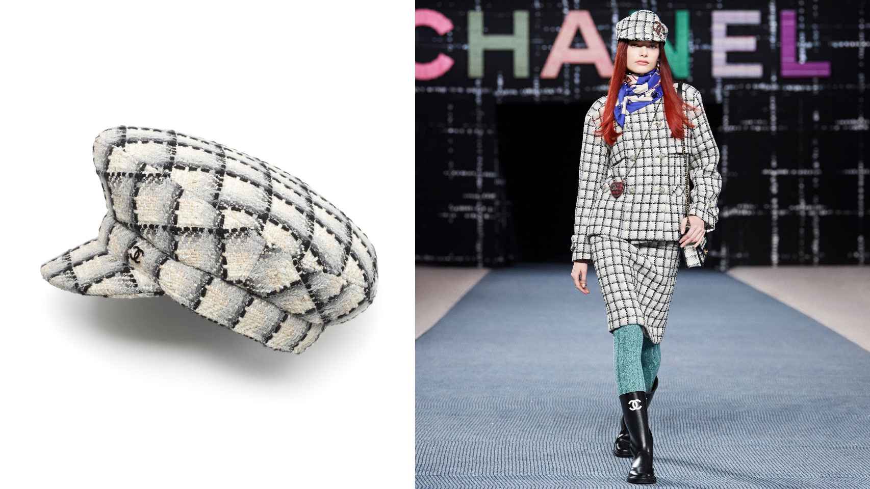 La gorra marinera tweed de Chanel y una modelo luciéndola en el desfile otoño/invierno 2022/23.