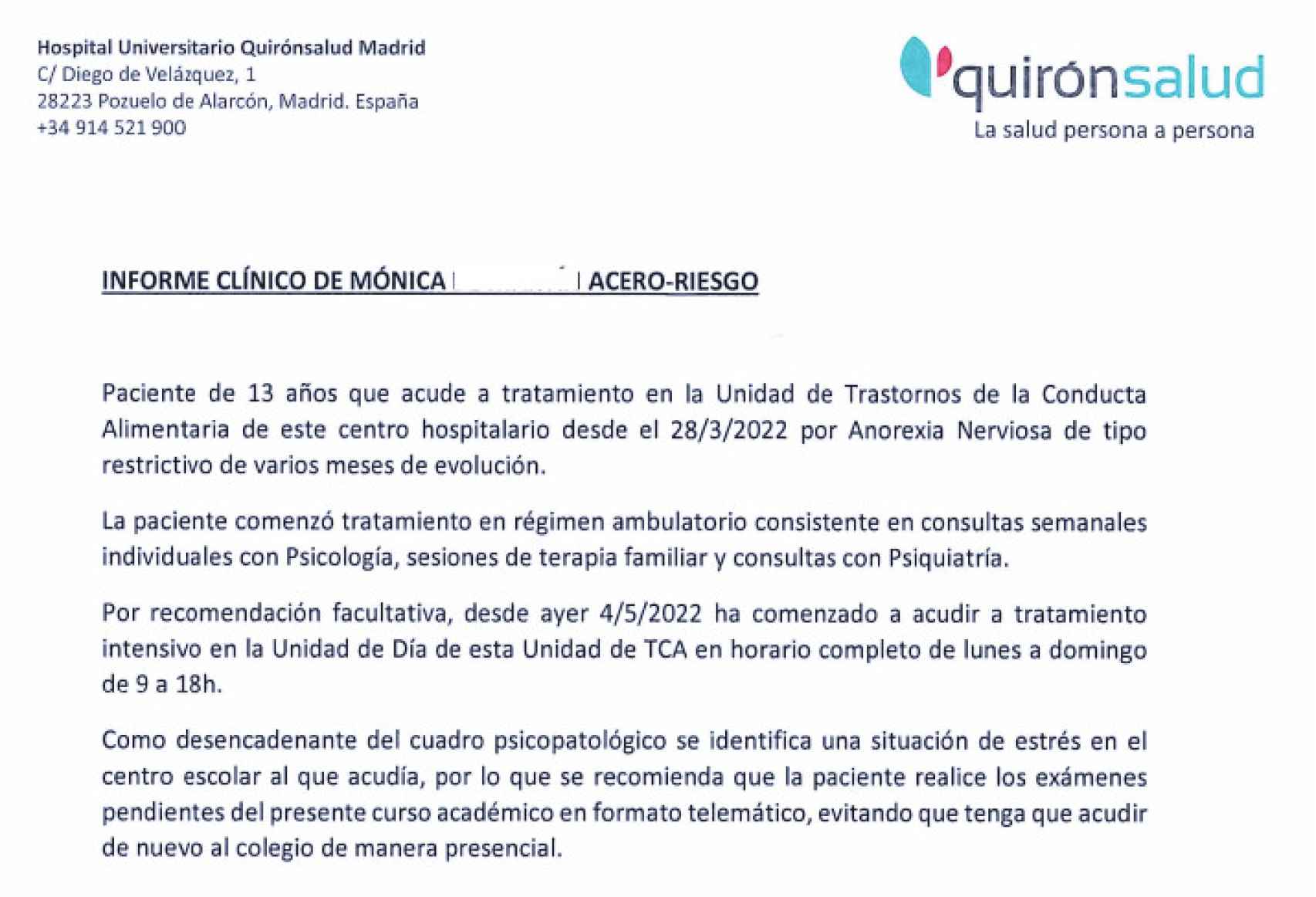 Informe psiquiátrico de Mónica Acero-Riesgo remitido por el Hospital Quirónsalud
