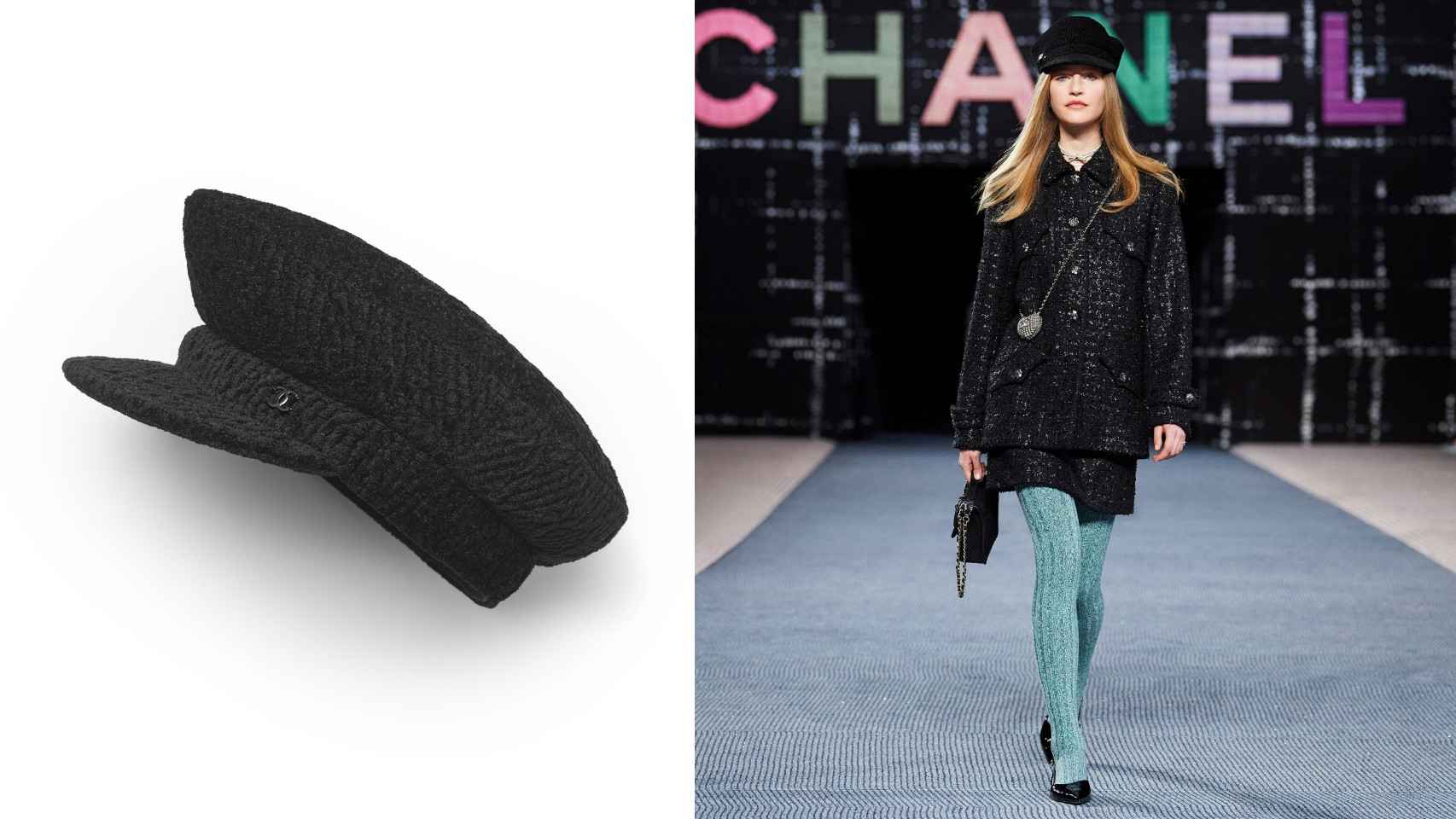 La gorra marinera tweed de Chanel y una modelo luciéndola en el desfile otoño/invierno 2022/23.