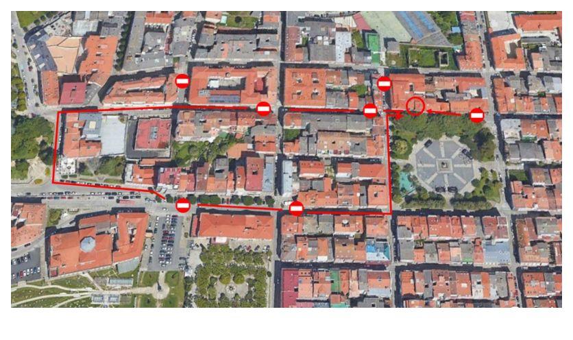 Plano de las calles que sufrirán cortes temporales el sábado. Imagen: Concello de Ferrol