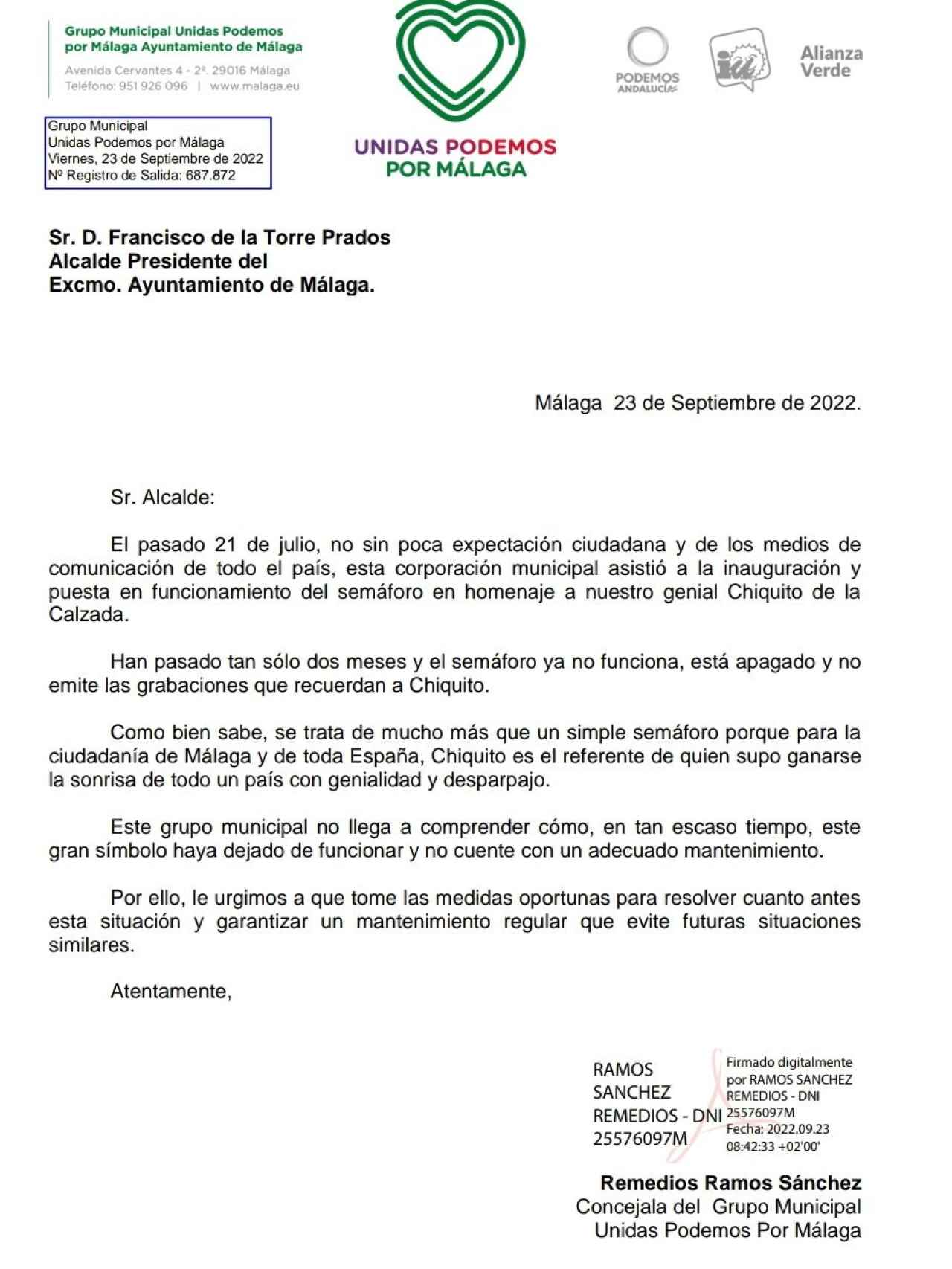 Carta de la concejala Remedios Ramos al alcalde Francisco de la Torre por el semáforo de Chiquito.