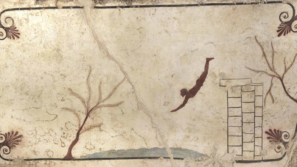 Efebo lanzándose de cabeza al mar. Tumba del nadador, Paestum. Hacia 480 a.C.