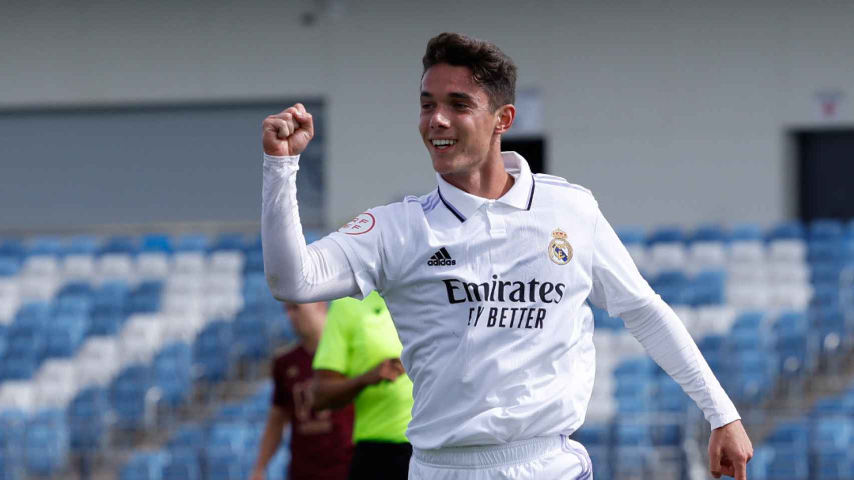 Sergio Arribas, celebrando un gol del Real Madrid Castilla ante el Badajoz