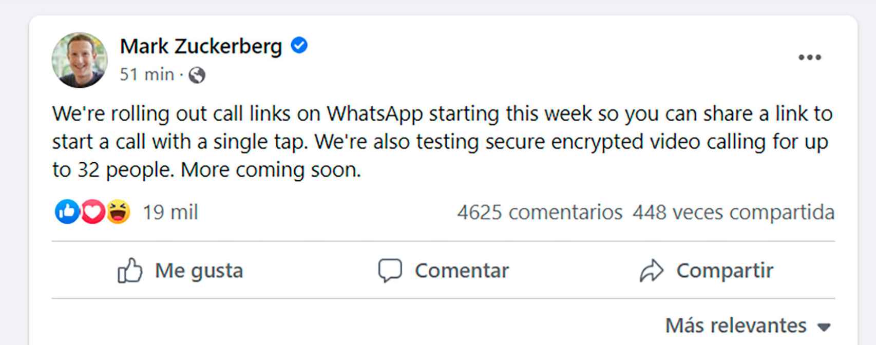 Mark Zuckerberg anuncia los enlaces a llamadas de WhatsApp