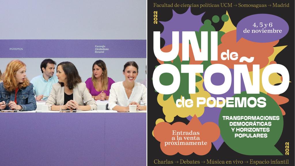 Último Consejo Ciudadano Estatal de Podemos y cartel de la 'Uni de otoño' del partido.