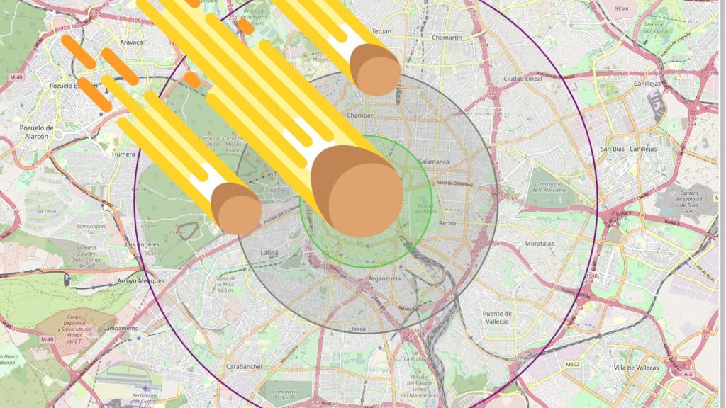 Fotomontaje con un dibujo de unos meteoritos y el mapa de Madrid con el radio de la explosión.