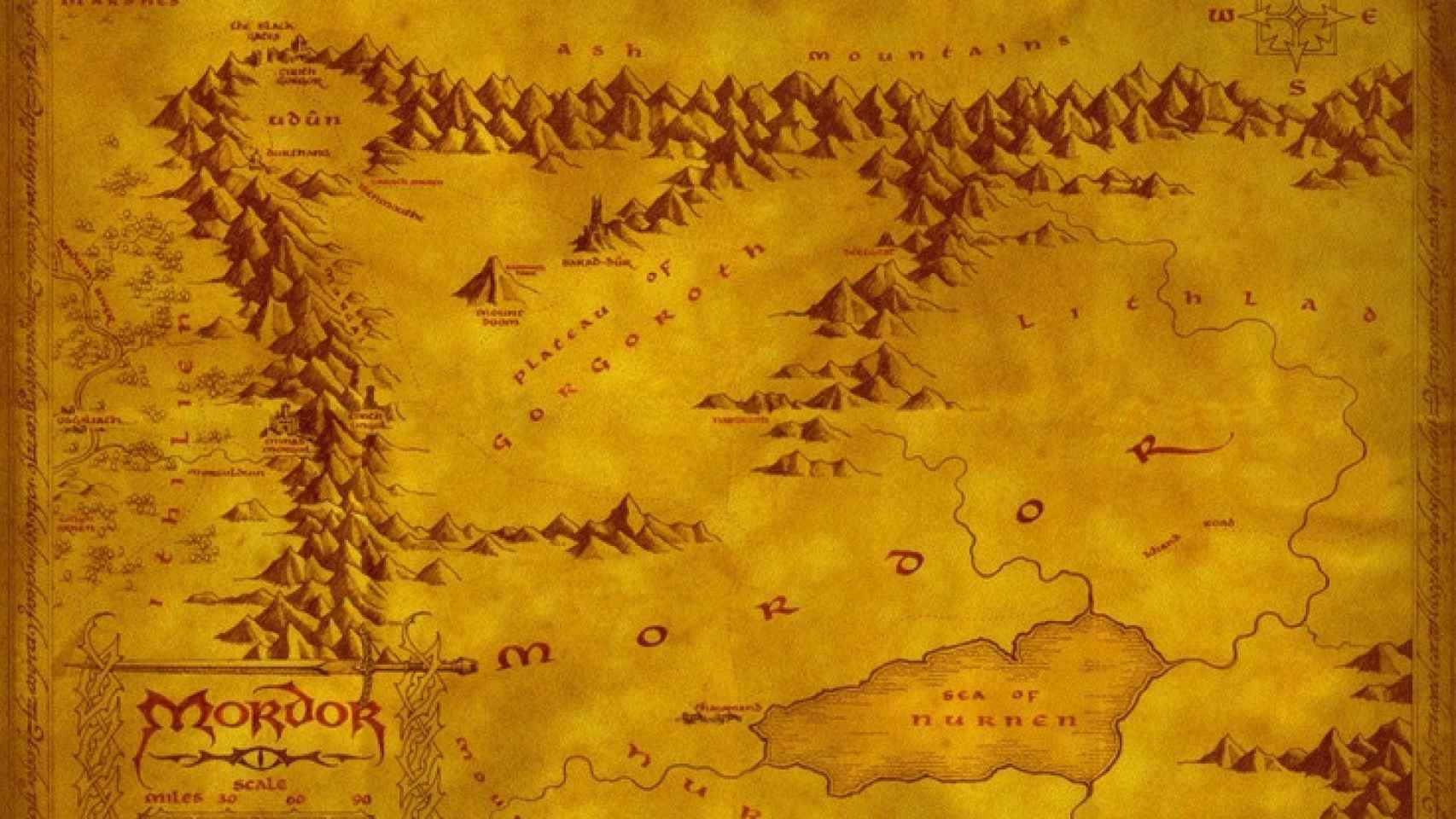 Así es el mapa de Mordor, con la zona de Udûn situada al norte.