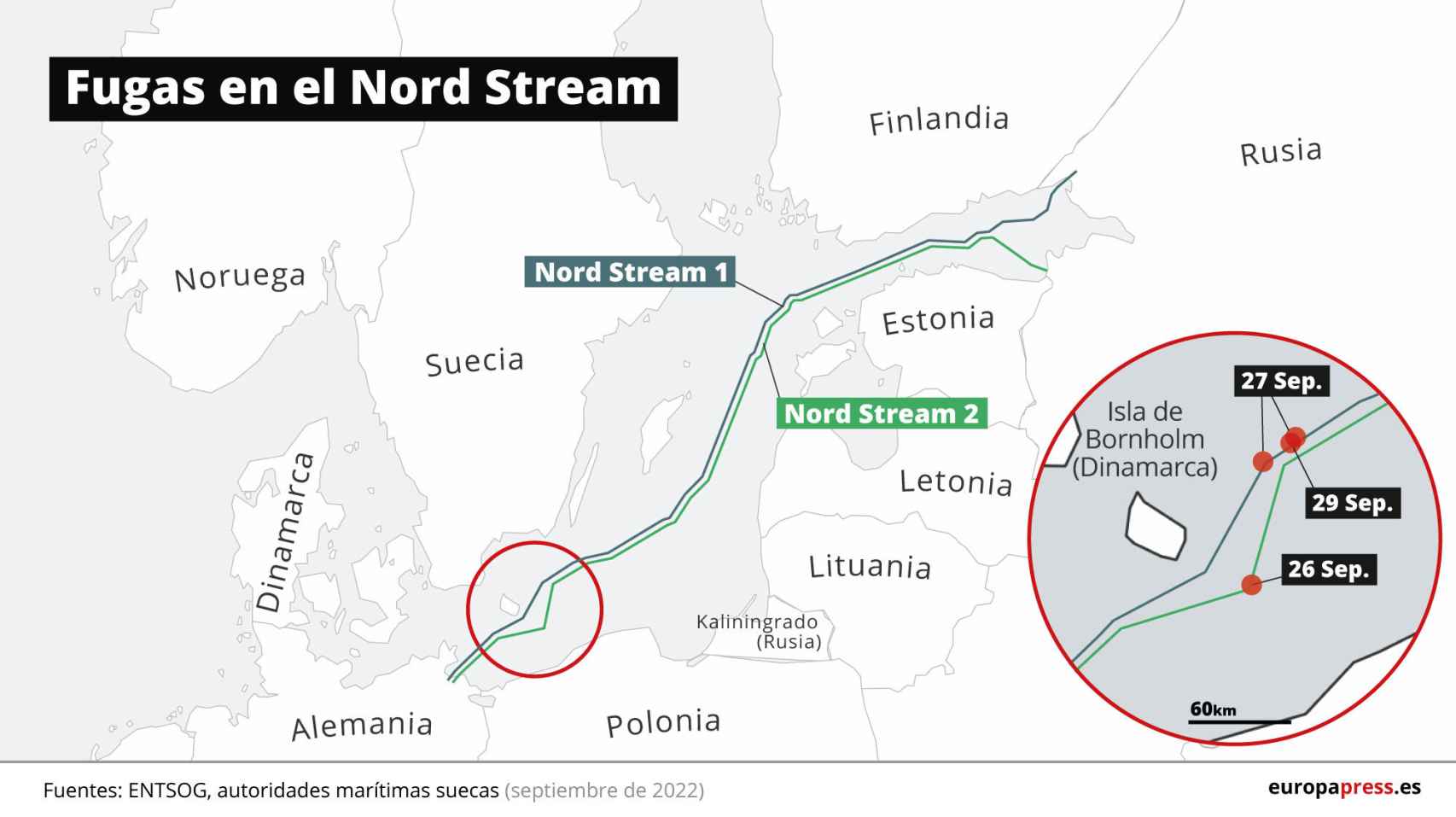 Mapa con las localizaciones de las cuatro fugas de gas detectadas en el Nord Stream 1 y 2.