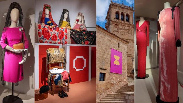 Prendas de la exposición y fachada del Museo del Traje de Morón de Almazán.