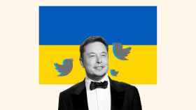 Elon Musk en un fotomontaje con la bandera de Ucrania y con pájaros de Twitter.