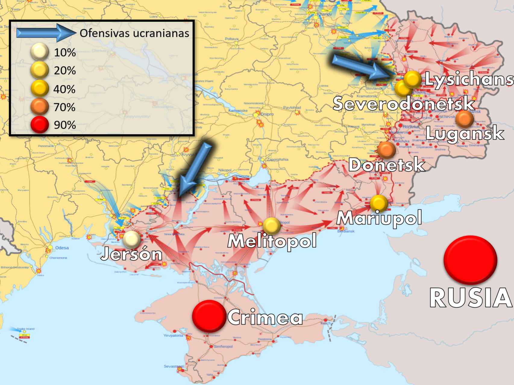 Mapa de movimientos en el este y el sur de Ucrania.