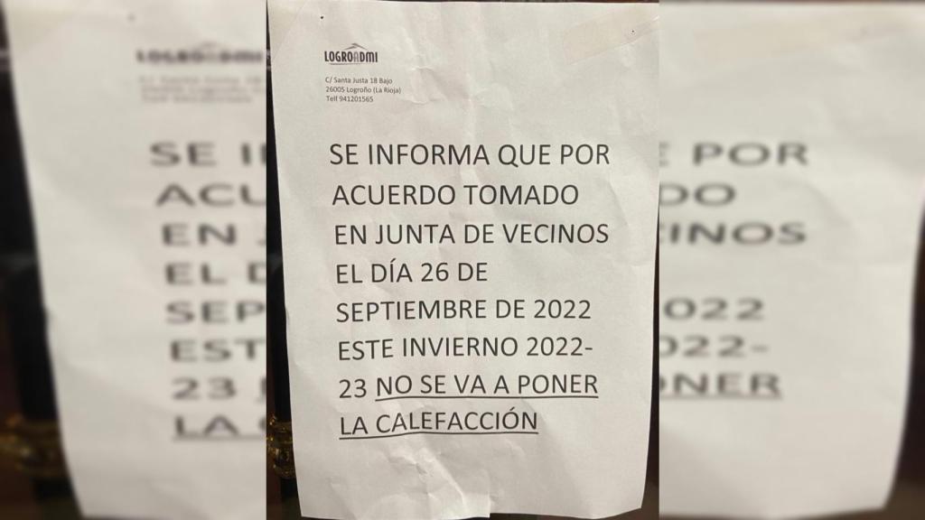 Cartel colgado en el bloque de vecinos que no encenderá la calefacción este invierno.