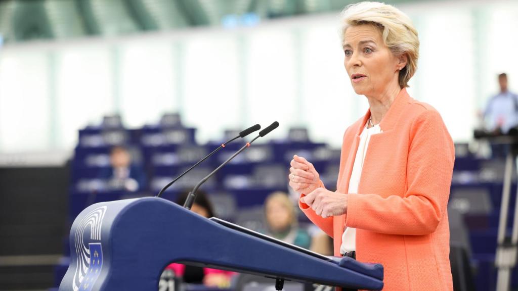 La presidenta Ursula von der Leyen, durante su comparecencia este miércoles en la Eurocámara