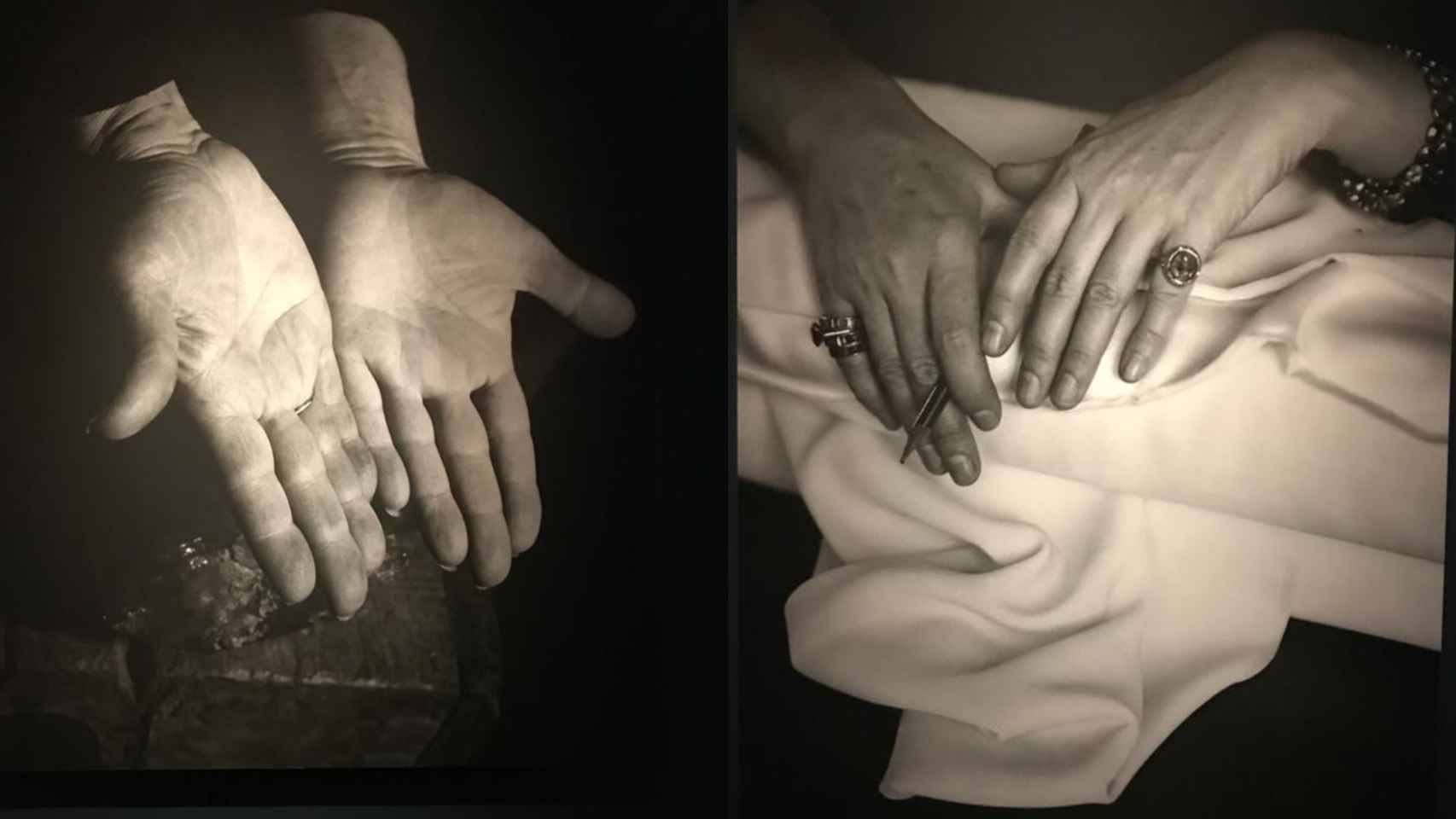 'Las manos abiertas de Pablo Picasso sobre su amatista', foto de Nick de Morgoli en 1947, y 'Las manos de Coco Chanel', de André Kertész en 1938.