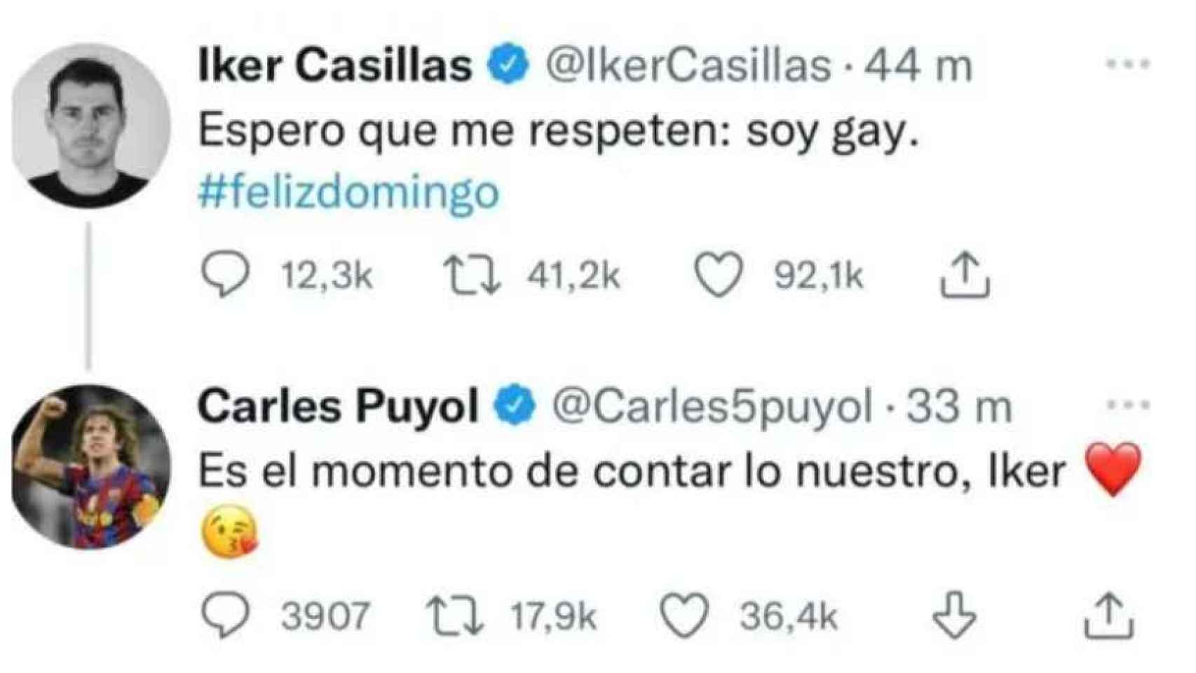 El mensaje publicado por Iker Casillas en su cuenta de Twitter y la inmediata respuesta de Carles Puyol.