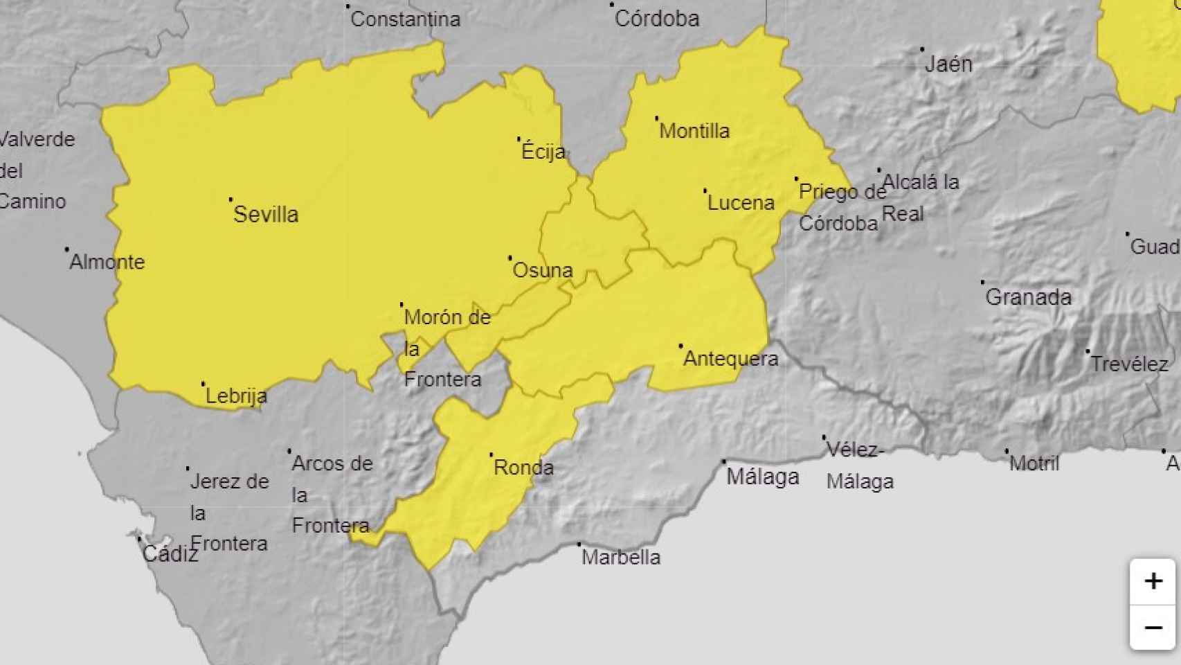 Mapa de los avisos amarillos por lluvias de la Agencia Estatal de Meteorología.