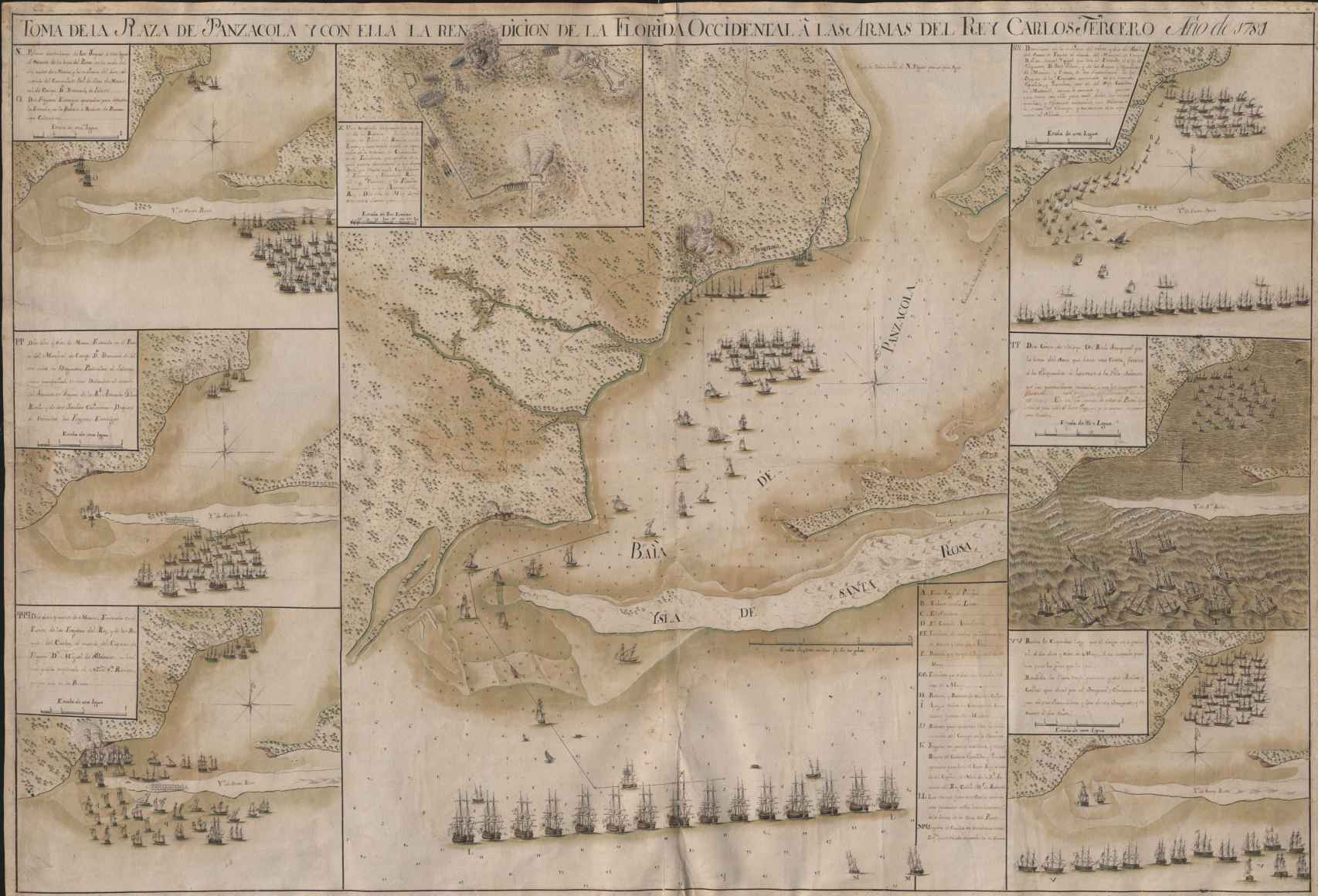 Mapa de la toma de Pensacola, que supuso la rendición de Florida Occidental a Carlo sIII.