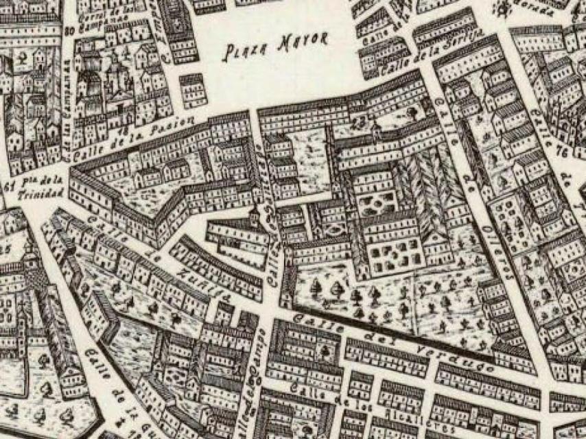 El Convento de San Francisco en el plano de Ventura Seco de 1738. El complejo monástico está delimitado por la Plaza Mayor y las calles de Santiago, del Verdugo y de Olleros.