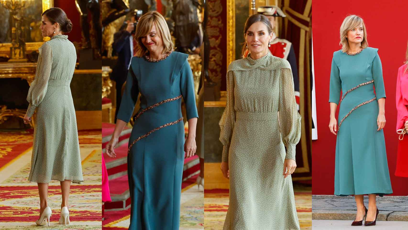 La reina Letizia y la ministra Pilar Alegría usando vestidos de Vogana en el Palacio Real y en el Desfile de las Fuerzas Armadas
