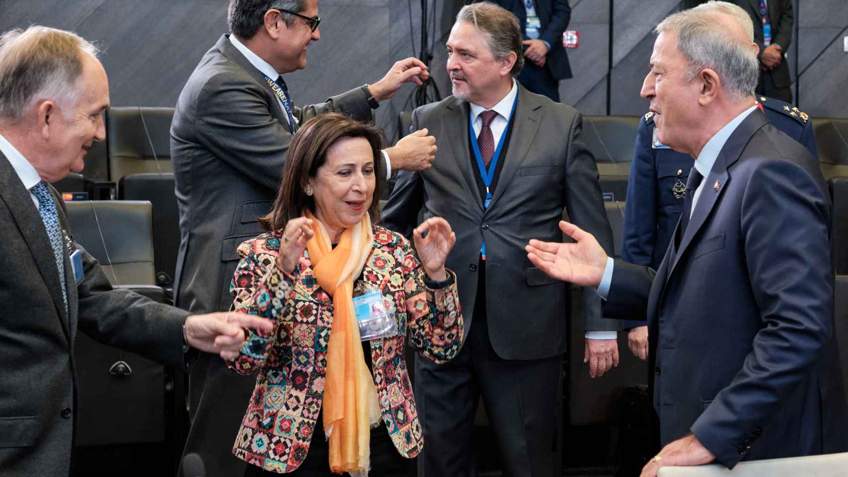 La ministra de Defensa, Margarita Robles, durante la reunión de la OTAN este jueves en Bruselas