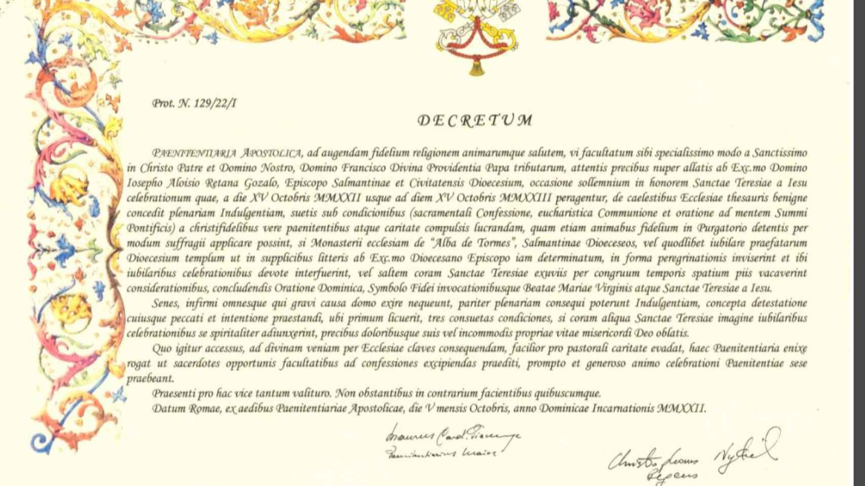 Decreto papal del Año Jubilar Teresiano en latín