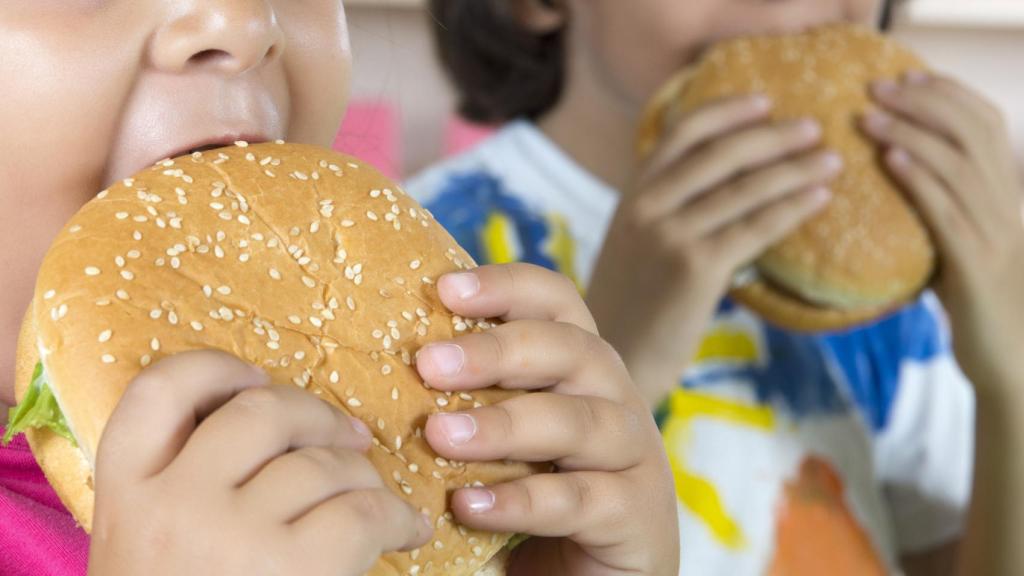 Dos niños comiendo hamburguesa