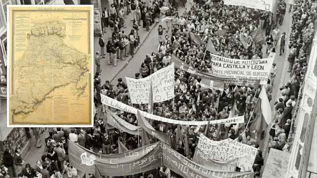 Manifestación por el Estatuto de Autonomía de Castilla y León en 1978 y mapa de Castilla la Vieja.