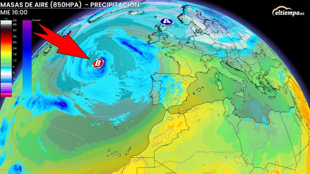 La borrasca que afecta a España a principios de semana. ElTiempo.es.