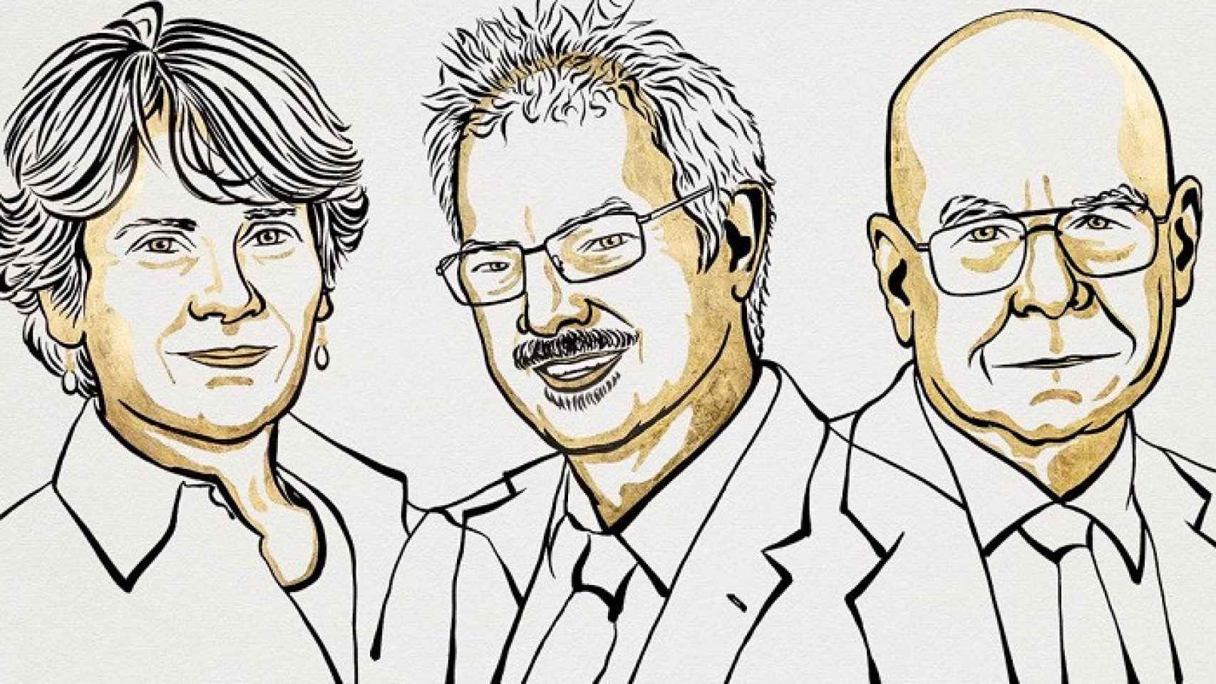 Los Nobel de Química 2022 Carolyn R. Bertozzi, Morten Meldal y Karl Barry Sharpless. Ilustración:  Niklas Elmehed / Nobel Prize Outreach