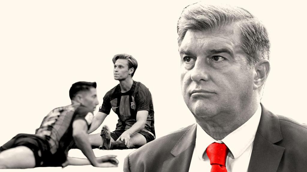 Joan Laporta junto a Frenkie de Jong y Robert Lewandowski en un fotomontaje