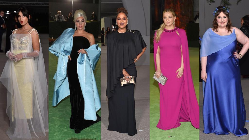 Algunas de las invitadas a la Academy Museum Gala 2022 luciendo vestidos con capas. De izquierda a derecha: Naomi Scott, Lady Gaga, Ava Duvernay, Abigail Breslin y Lena Dunham.