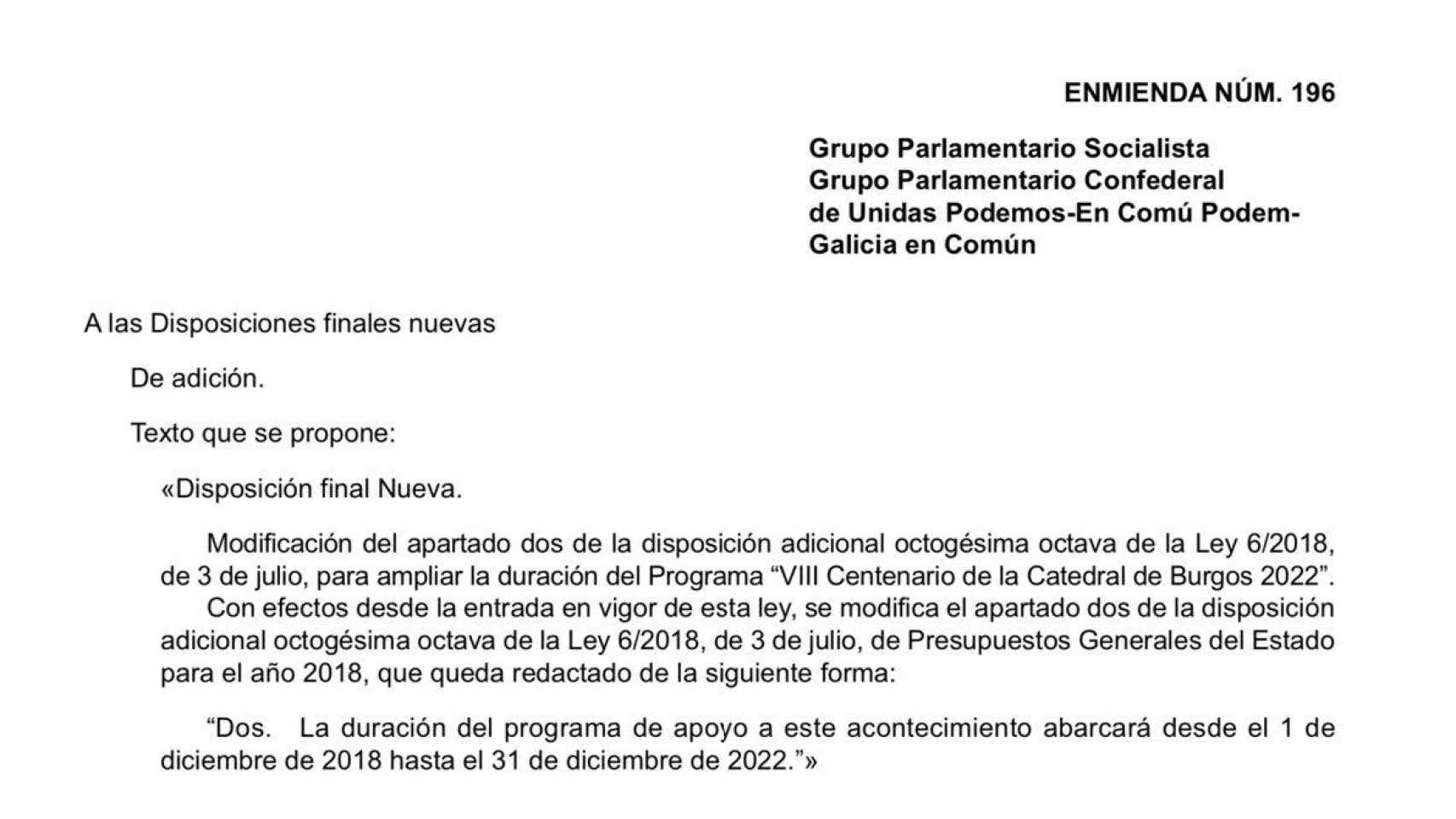 La enmienda por la que PSOE y Unidas Podemos introducían el apoyo al centenario de la Catedral de Burgos en la Ley de Startups.