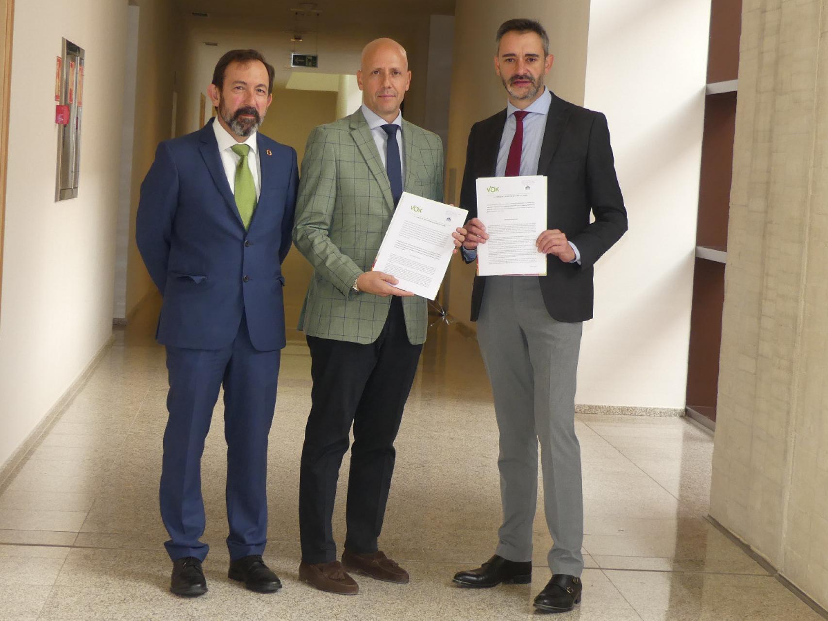 El procurador por Salamanca Javier Teira, el portavoz de Vox Carlos Menéndez y el secretario del grupo David Hierro, tras registrar las iniciativas, este martes.
