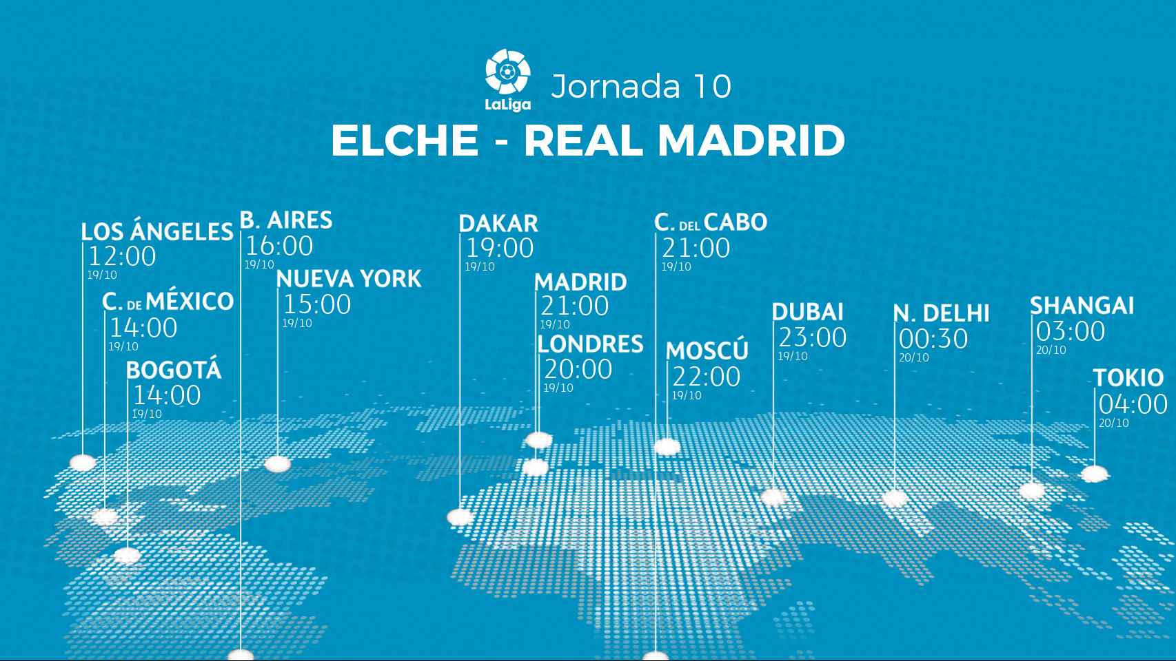 Horario del Elche-Real-Madrid a nivel mundial.
