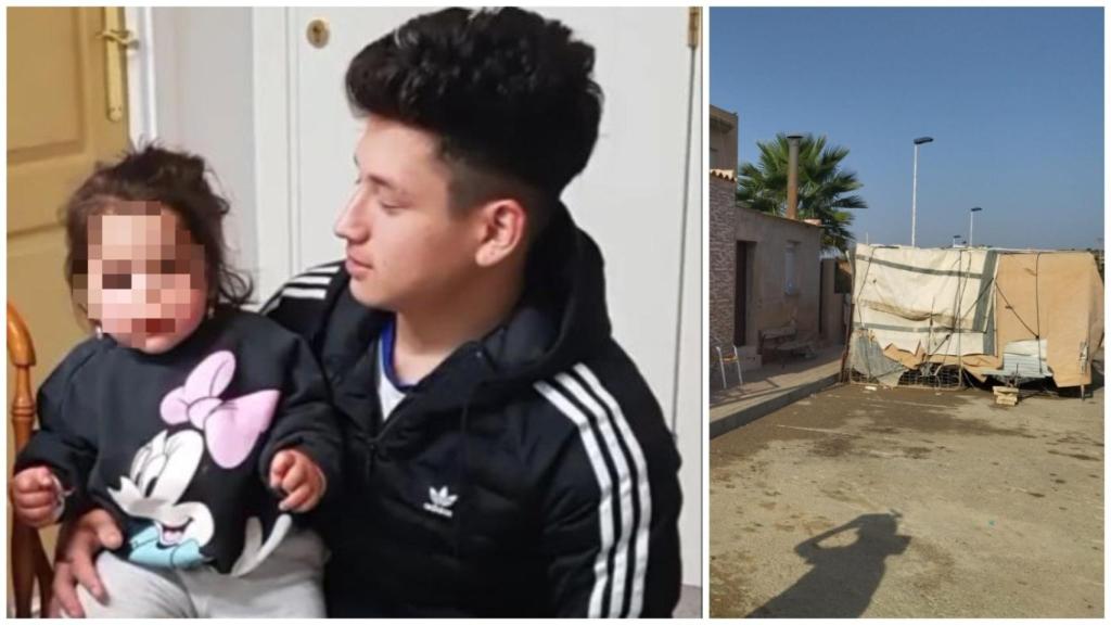 El difunto Erick, junto a su hija, en una imagen cedida por un allegado. Al lado, el solar del Barrio de Playa Sol de Mazarrón donde perdió la vida.