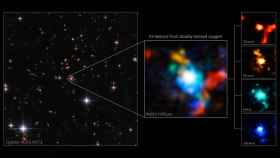 A la izquierda, imagen tomada por el Hubble. En el centro y derecha, las imágenes tomadas del Webb.